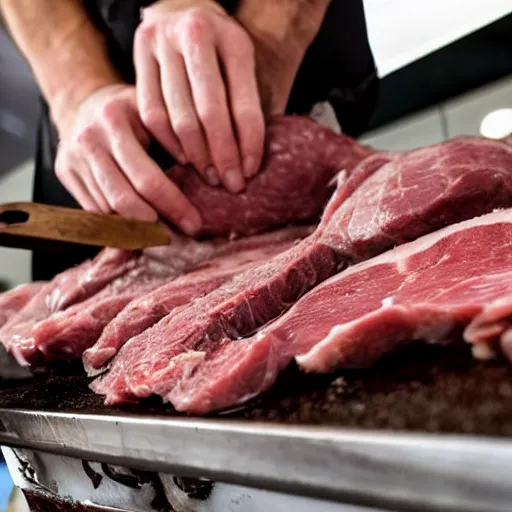 Prompt: low angle view closeup of a butcher preparing meats, you can see the butcher's face