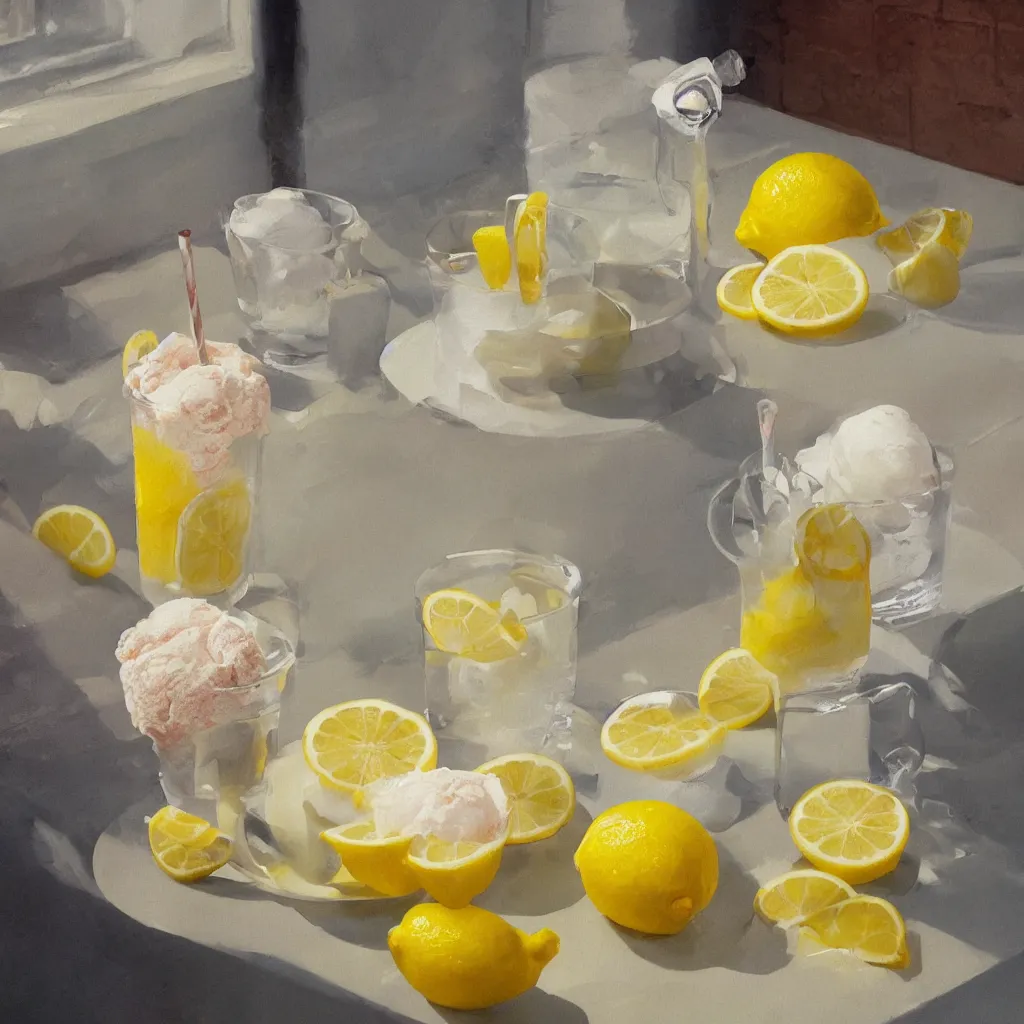 Image similar to a still life painting of cold drinks, ice cream, lemon embellishment, in the style of makoto shinkai, dreamy, soft, global illumination, radiant light, intricate environment, luminescence, highly detailed, 8 k