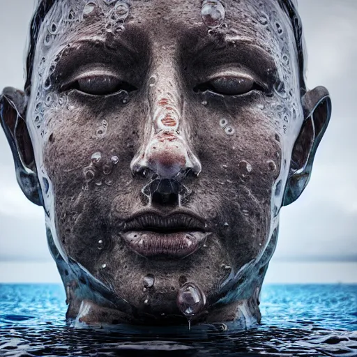 Image similar to a water sculpture in the shape of a human head, on the ocean water, water manipulation, cinematic, in the style of johnson tsang, long shot, hyper detailed, hyper realistic, ray tracing, 8 k resolution, sharp focus, realistic water, award winning