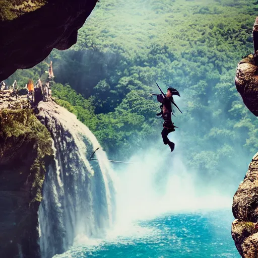 Image similar to man with sword jump of the cliff in front of the waterfall, dragons flying around, anime, realistic shot, nature, animal planet, superhero