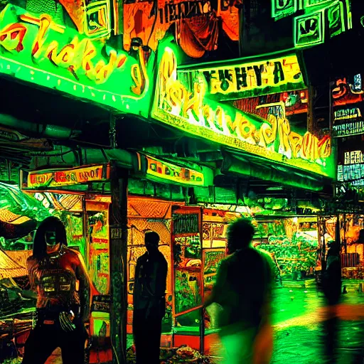 Image similar to cyberpunk black indian market, indoor in the style of blade runner, stands illuminated by greens neon lights, crowded with cyborgs photorealistic, 3 5 mm, grainy ruined film, dark color scheme, ray tracing, unreal engine, 4 k