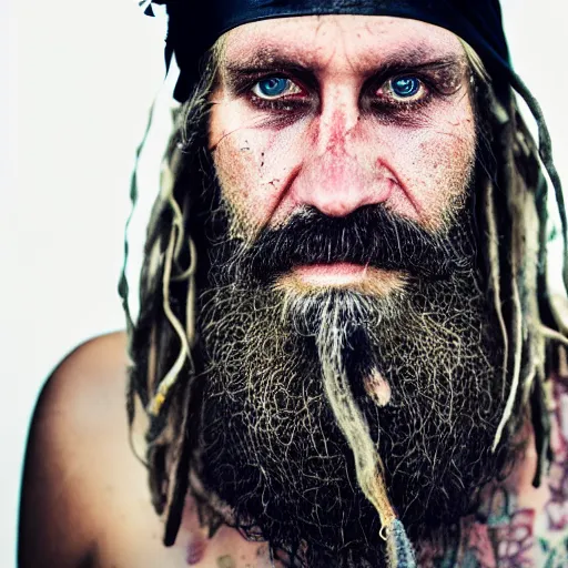 Prompt: photo portrait | white medium beard hair | very old and rugged | dirty very skinny pirate | tattoos on face | long white dreadlock hair | crooked teeth | wearing a red headband and black hat | one eyepatch | very detailed photo | sigma lens 70mm