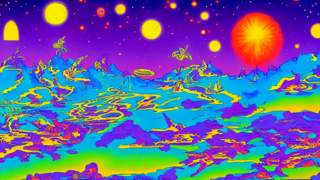 Image similar to artwork in the style of chesley bonestell and in the style of lisa frank.