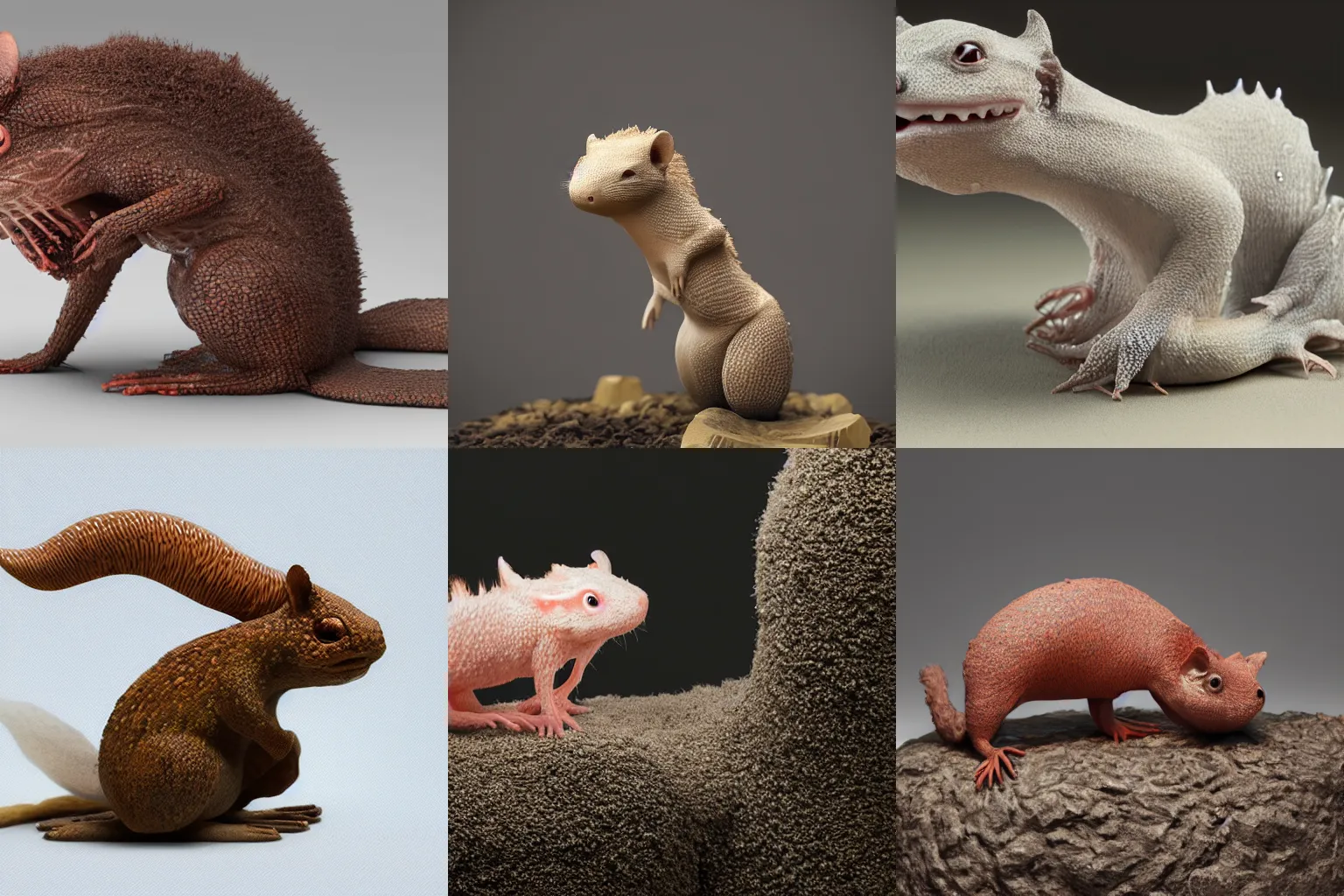 Prompt: incredibly realistic, too detailed sculpture, biomechanical axolotl squirrel, made of coarse hair, carbon fibers, lung tissue, and sponges, octane render, bump mapping, macro image, global illumination, 8k, bokeh