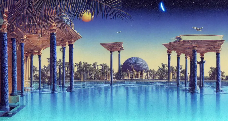 Image similar to a large tiled swimming pool with many palm trees surrounded by roman architecture columns and statues, underneath a star filled night sky, harold newton, zdzislaw beksinski, donato giancola, warm coloured, gigantic pillars and flowers, maschinen krieger, beeple, star trek, star wars, ilm, atmospheric perspective