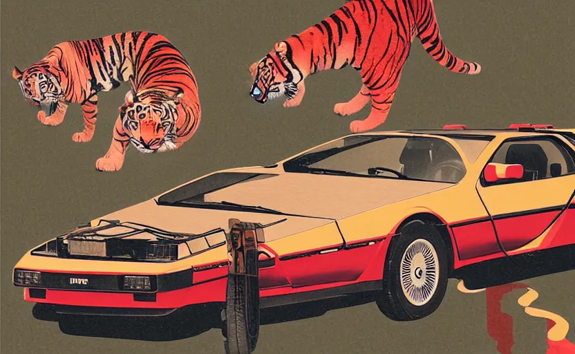 Image similar to a red delorean with a yellow tiger, art by hsiao - ron cheng and utagawa kunisada in a magazine collage, # de 9 5 f 0