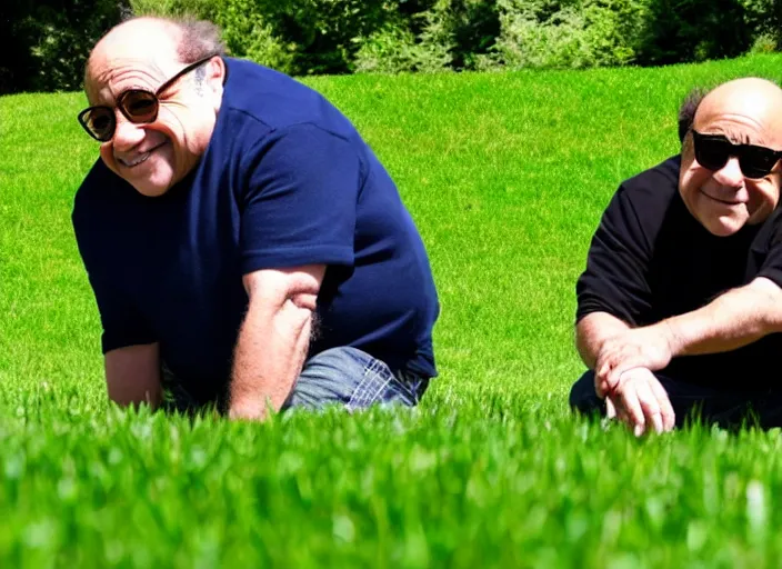 Prompt: photo still of danny devito touching grass, 8 k, sunny day in a park