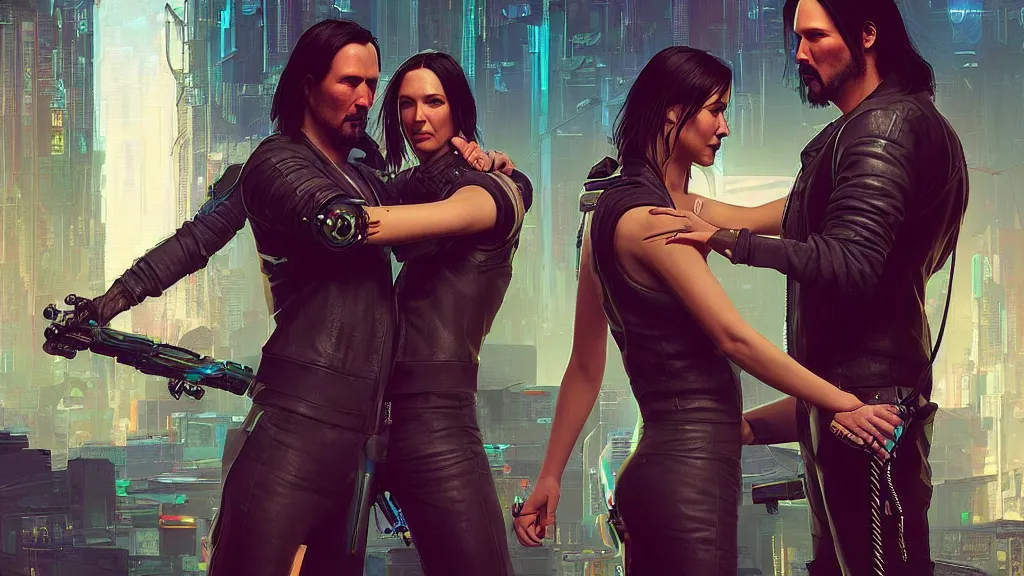 Image similar to a cyberpunk 2077 srcreenshot couple portrait of a Keanu Reeves a female androids in hug,love,film lighting,by Laurie Greasley,Lawrence Alma-Tadema,Dan Mumford,John Wick,Speed,Replicas,artstation,deviantart,FAN ART,full of color,Digital painting,face enhance,highly detailed,8K,octane,golden ratio,cinematic lighting