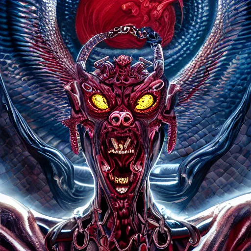 Image similar to hybrid snake, dark angel, demon, satan, red eyes, chain, handcuffs, large chain, wide open mouth, scream, cruelty, light effect, hyper detailed, intricate, elegant, highly detailed, digital painting, artstation, concept art, matte, sharp focus, illustration, by dan mumford, yusuke murata, makoto shinkai, ross tran