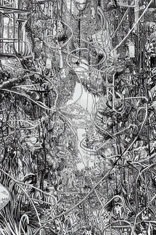 Prompt: surreal line art by ivan ayvazosky and ricardo bofill!!, a lot of jungle flowers and plants + poison toxic mushrooms surrounded by cables + long grass + broken droid + garden dwarf + street light, 5 0's vintage sci - fi style, rule of third!!!!, line art, 8 k, super detailed, high quality