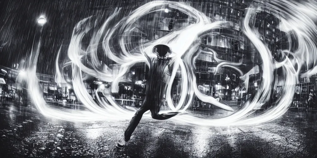 Image similar to fisheye lens slow motion with trail effect of futuristic break dancer wearing floating long dress with neon lights, long exposure shot , at night in the middle of a rainy wet street, paddle of water, steam, fog, water splashes, rim lights, glossy reflections, water droplets on lens, octane render, dark and dramatic, fire explosions in the background, detailed and soft, fisheye lens, smooth, sharp focus, illustration, art by artgerm and greg rutkowski and Annie Leibovitz, graphic glitches, vogue, editorial fashion photography