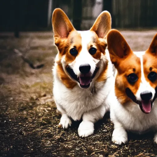 Image similar to a film still of a horror movie featuring two corgi dogs, spooky, photography, award - winning, eerie, 4 k