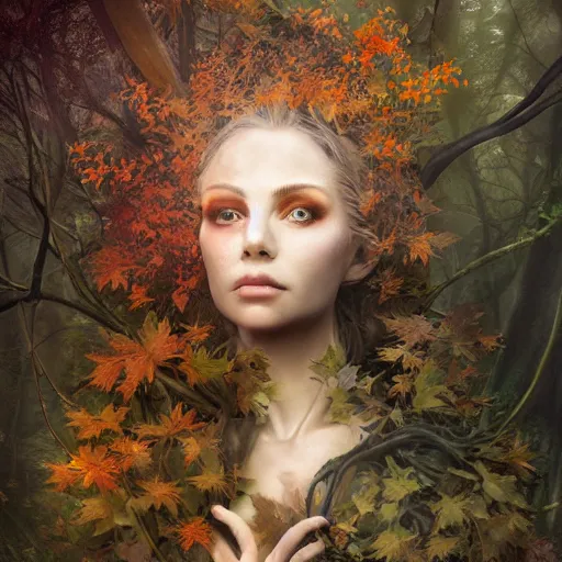 Prompt: portrait of a dryad in a shadowy forest of autumn maples by brian froud and jessica rossier dark mysterious -