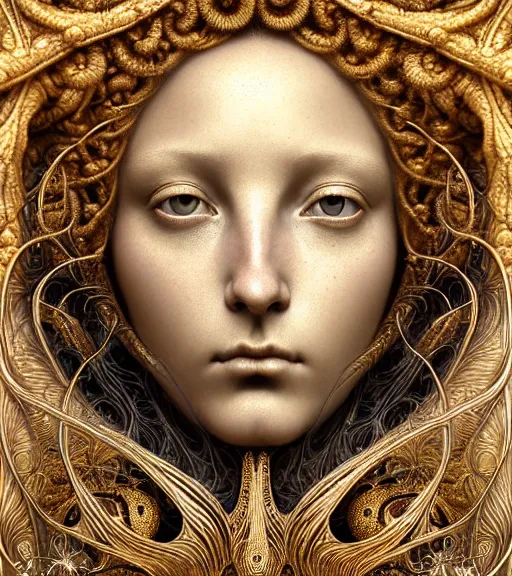 Image similar to detailed realistic beautiful gold goddess face portrait by jean delville, gustave dore, iris van herpen and marco mazzoni, art forms of nature by ernst haeckel, art nouveau, symbolist, visionary, gothic, neo - gothic, pre - raphaelite, fractal lace, intricate alien botanicals, biodiversity, surreality, hyperdetailed ultrasharp octane render