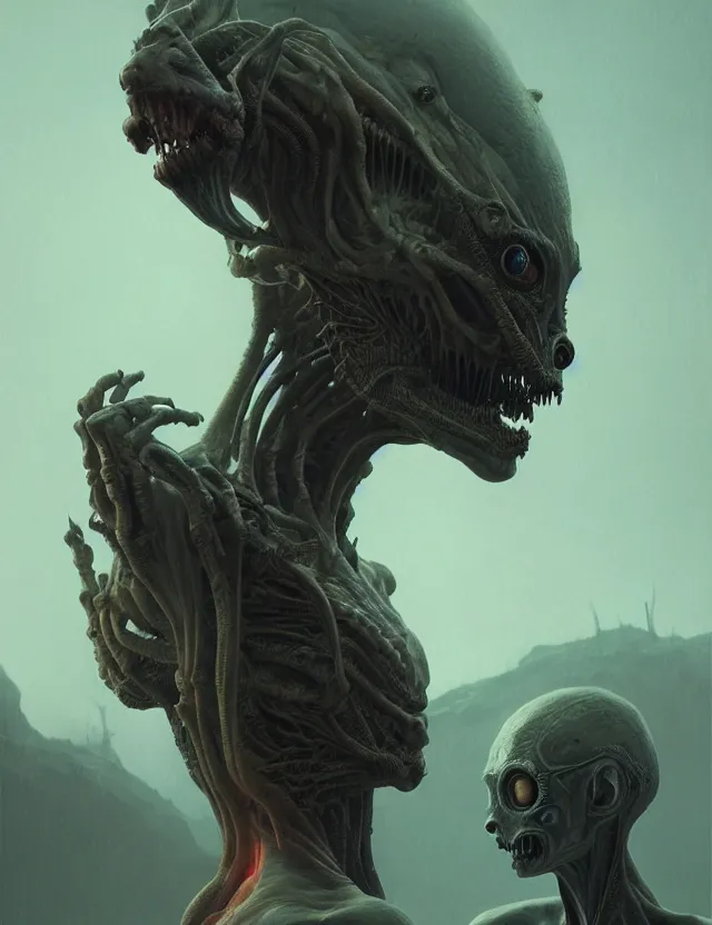 Image similar to ultra realist muted colors horror painting of a dimly lit attractive alien female next to a hellish creature, very intricate details, focus, model pose, full frame image, artwork by tooth wu and wlop and beeple and greg rutkowski, award winning