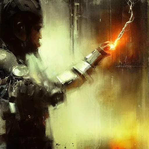 Image similar to knight holds lightning in his hand sparks everywhere, realistic, ultrahd, jeremy mann painting