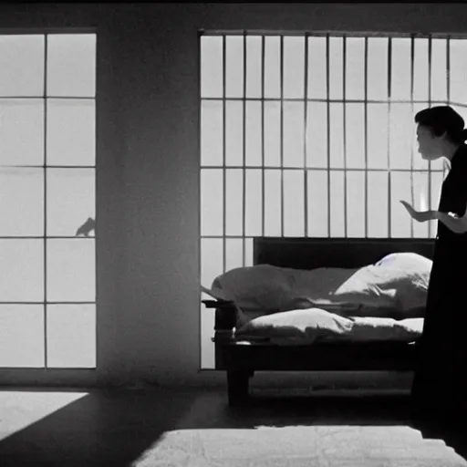 Image similar to a woman in a hanbok sitting on a couch, a starfish arm coming through the window, minimal cinematography by Akira Kurosawa, movie filmstill, 1950s film noir, thriller by Kim Jong-il and Shin Sang-ok, abstract occult epic composition