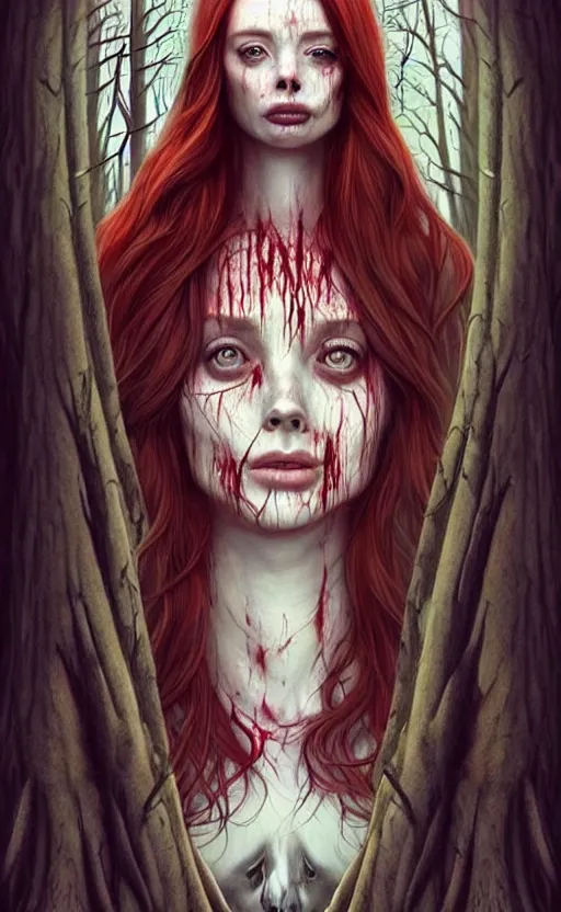 Image similar to surrounded by trees, full body realistic character concept, gorgeous Kacey Rohl, red hair, small freckles, Wendigo creature antlers deer skull face, symmetrical face, symmetrical eyes, covered in blood, dark forest, trees, shorter neck, cinematic lighting, Joshua Middleton and artgerm, fear anxiety terror