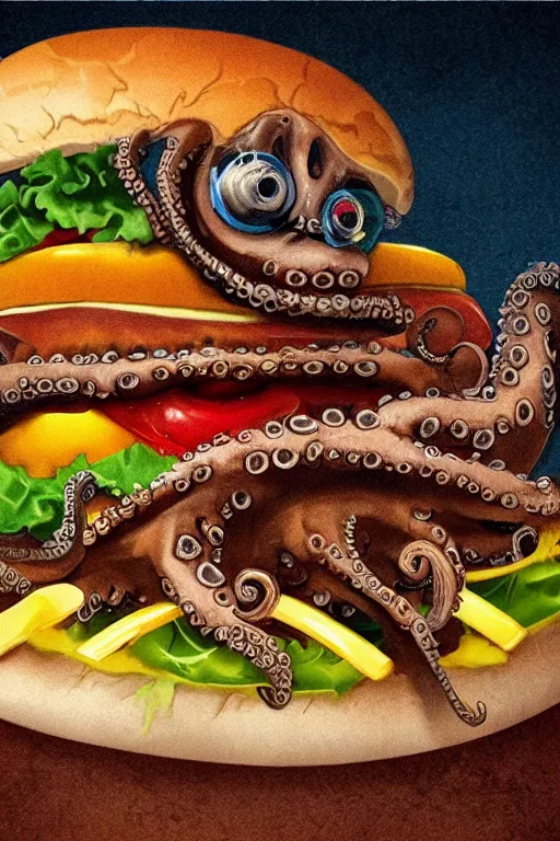 Prompt: fine art illustration of a an octopus inside a cheeseburger, poster, highly detailed, 8 k, vintage, trending on artstation