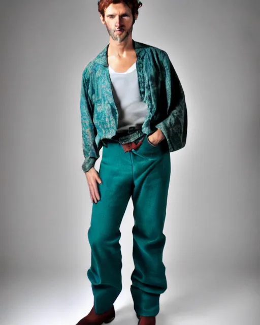 Prompt: blurry photo of a ancient male model wearing a teal boot cut flared distressed medieval designer menswear trousers designed by kapital, 4 k, studio lighting, wide angle lens, 2 0 0 4