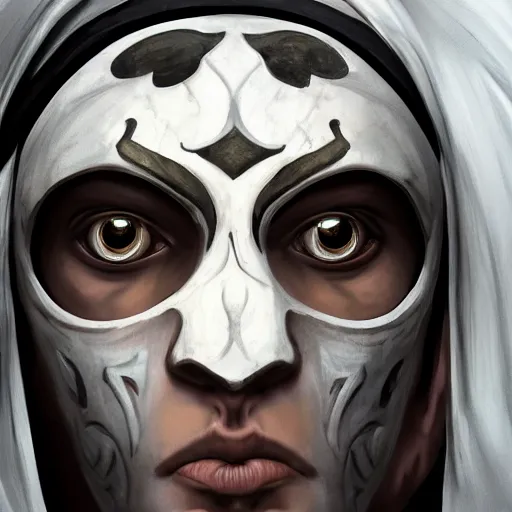 Prompt: a hyper realistic and detailed portrait of zum the planeswalker wearing a full face white marble mask completely hiding his face only showing it's eyes, focus on face, mystic, mysterious, merchant collector, 8k, no skin, black eyes, trending on artstation, masterpiece