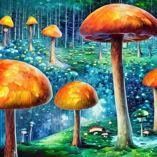 Image similar to blue glowing mushroom houses in a forest village, mushroom architecture, art by ricardo bofill, james christensen, rob gonsalves, paul lehr, leonid afremov and tim white