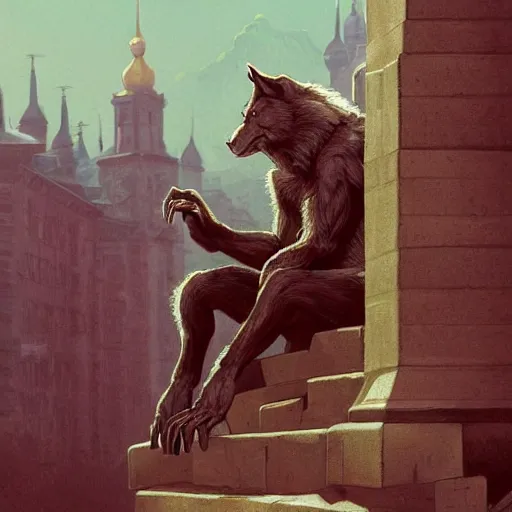 Prompt: werewolf sitting on lviv city hall, portrait, highly detailed, full body, digital painting, trending on artstation, concept art, sharp focus, illustration, art by artgerm and greg rutkowski and magali villeneuve