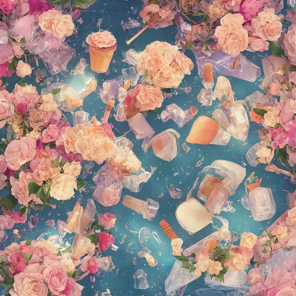 Image similar to cold drinks, ice cream, peach embellishment, books and flowers, trending on studio ghibli, dreamy, soft, global illumination, radiant light, intricate environment, luminescence, highly detailed, 8 k