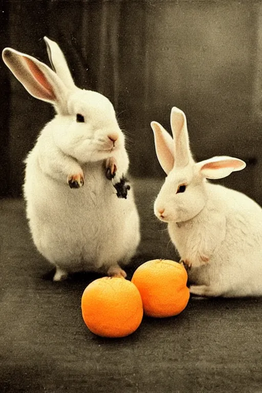 Image similar to fat rabbits with oranges vintage photograph