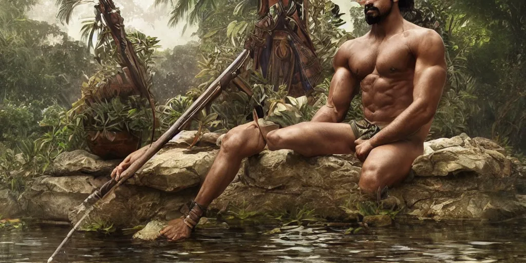 Image similar to Rugged male Sri Lankan warrior relaxing by a pond, relaxed, muscular, upper body, fantasy, intricate, elegant, highly detailed, digital painting, artstation, concept art, smooth, sharp focus, illustration, art by artgerm and greg rutkowski and alphonse mucha