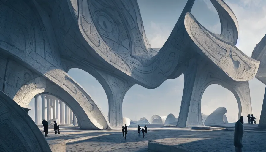 Image similar to monuments with greek motifs, by tim blandin and arthur haas and bruce pennington and john schoenherr, big windows architecture by zaha hadid, octane render, cinematic, scenery, cgsociety, modernism, futuristic, trending on artstation, sci - fi, high detail, high quality, close up angle, people walking