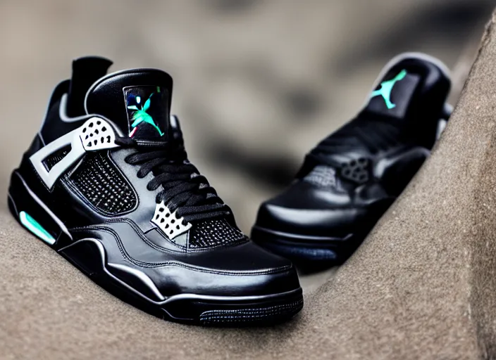 Image similar to product still of Black Panther signature Jordan 4s, black with silver panther teeth accents, 85mm f1.8