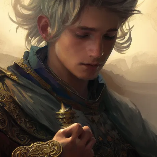 Image similar to photography of teenage boy, deep focus, d & d, fantasy, intricate, elegant, highly detailed, digital painting, artstation, concept art, matte, sharp focus, illustration, hearthstone, art by artgerm and greg rutkowski and alphonse mucha