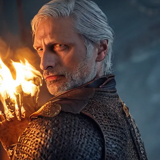 Image similar to mads mikkelsen as gerald the witcher doing igni, fire, concept art, high definition, professional photography, 8 k