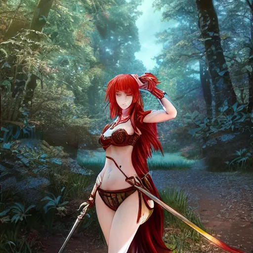 Image similar to a red haired female knight as an absurdly beautiful, elegant, young sensual anime girl, forest background, ultrafine hyperrealistic detailed face illustration by kim jung gi, irakli nadar, intricate linework, sharp focus, bright colors, matte, octopath traveler, final fantasy, unreal engine highly rendered, global illumination, radiant light, intricate environment