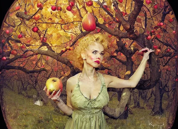 Image similar to lush apple and pear orchard fairy foliage painting carved in amber by chiara bautista and norman rockwell and greg rutkowski weta studio