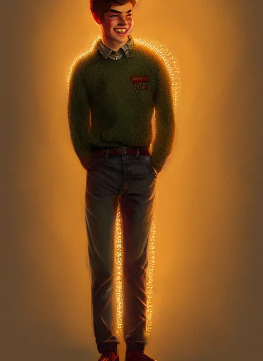 Image similar to portrait of teenage archie andrews, freckles, curly middle part haircut, curly hair, smiling kindly, friendly, 1 9 5 0 s, intricate, elegant, glowing lights, highly detailed, digital painting, artstation, concept art, smooth, sharp focus, illustration, art by wlop, mars ravelo and greg rutkowski