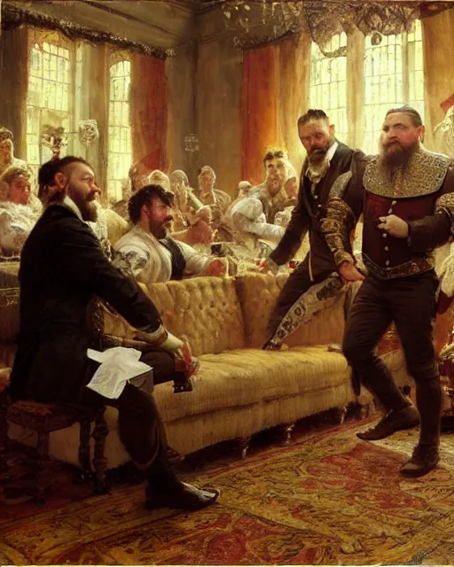 Prompt: tom hardy ( ( ( beard ) ) ) clean - shaven, rehearsing shakespeare to a room full of businessmen, painting by gaston bussiere, craig mullins, j. c. leyendecker