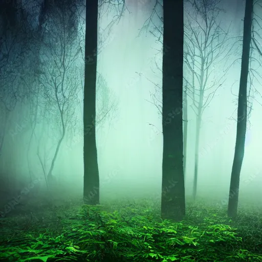 Image similar to surreal psychedelic magical aura forest with fog, bright will - o - wisps and gloomy lightning strikes
