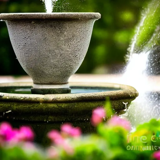 Prompt: photograph of fountain, feminine, beautiful, curvy, garden background, romantic, sensual, shallow depth of field, romantic lighting