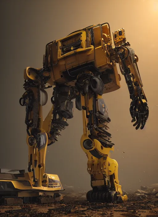 Image similar to a photorealistic dramatic hyperrealistic render of a futuristic exosuit power excavator heavy machinery, ultra realistic details, glossy yellow, well worn, rust, oil stains by vitaly bulgarov and mike nash, beautiful dramatic dark moody tones and lighting, cinematic atmosphere, studio lighting, global illumination, shadows, dark background, octane render, 8 k