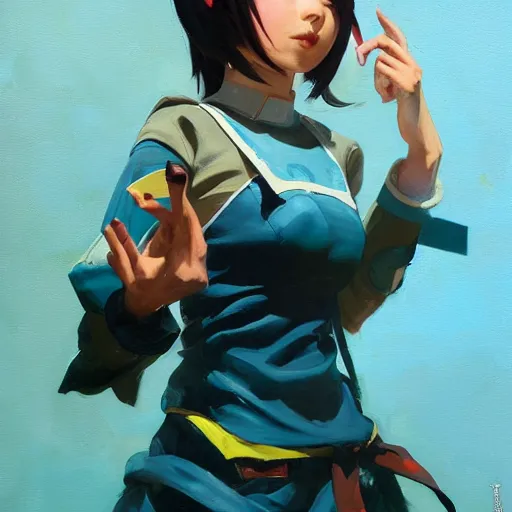 Image similar to greg manchess portrait painting of ayano keiko silica as overwatch character, turquoise hair, medium shot, asymmetrical, profile picture, organic painting, sunny day, matte painting, bold shapes, hard edges, street art, trending on artstation, by huang guangjian and gil elvgren and sachin teng