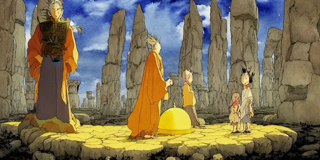 Prompt: a hyperrealist studio ghibli watercolor fantasy concept art of a giant chinese god and a small grey alien with a yellow robe in stonehenge in the early morning. a giant gold ufo is floating in the air. by rebecca guay, michael kaluta, charles vess