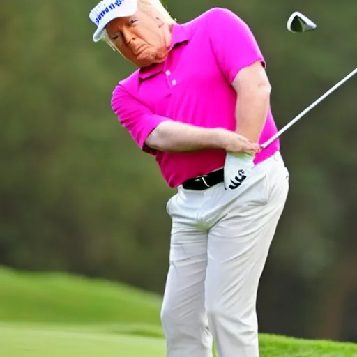 Image similar to donald trump wearing a pink mankini playing golf