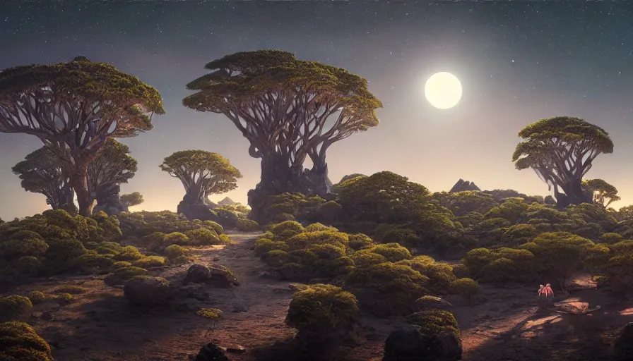 Prompt: moonlit socotra island with dragon trees, starry night, sharp focus, wide shot, trending on artstation, masterpiece, by greg rutkowski, by ross tran, by fenghua zhong, octane, soft render, ultrarealistic, colorful, cinematic, shadow of the tomb rider