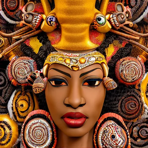 Image similar to elegba eshu the yoruba god with cowrie shells for eyes writing a poem, insanely detailed and intricate, golden ratio, hypermaximalist, elegant, ornate, luxury, elite, James jean, Brian froud, ross tran, realistic 3D, hyper realistic, super detailed, realistic octane render, 8K, fashion photogra