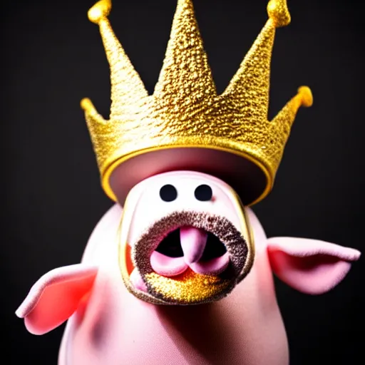 Image similar to studio photograph of a pig wearing a gold crown depicted as a muppet cooking