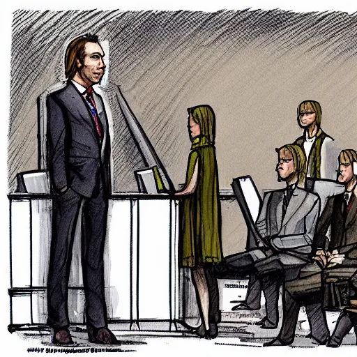 Image similar to saul goodman defending ulfric stormcloak in court, jury, judge, business suit, formal, attorney, skyrim, illustration, sketch