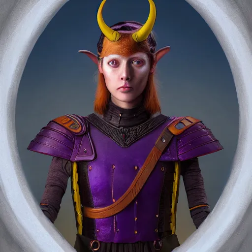 Image similar to A professional digital portrait painting of a young adult female tiefling, painted by Wes Anderson, painted by Hayao Miyazaki, dressed in light armor, 4k, digital art, trending on cgsociety, highly detailed, head and shoulders shot, shallow depth of field, purple and yellow lighting, professional lighting, airbrush,