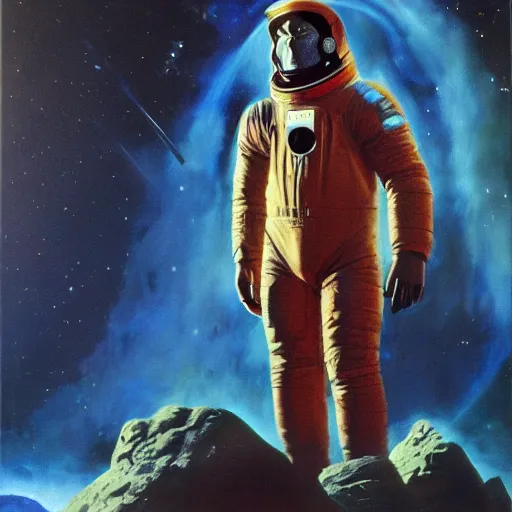 Image similar to a portrait of Dave from 2001 a space odyssey, in his spacesuit, masterpiece, oil painting, frank frazetta